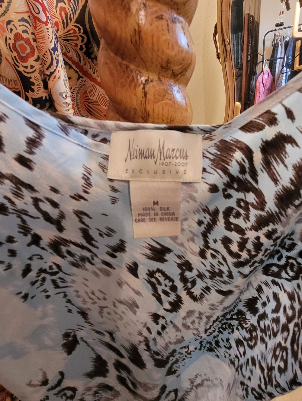 100% Silk, Neiman Marcus, Medium Animal Print Slip Dress in Pale Blue and Black - Picture 3 of 6